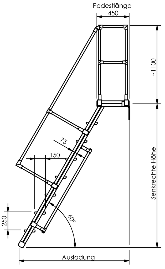 Podesttreppen ohne Stützteil, LW 500, Stufen aus Alu, Neigung 60° Podesttreppen ohne Stützteil, LW 500, Stufen aus Alu, Neigung 60°