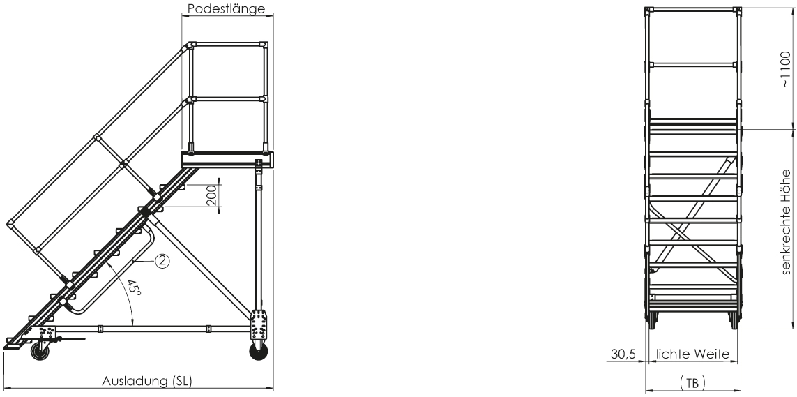 Podesttreppen rollbar, LW 800 mm, mit überstehender Traverse Podesttreppen rollbar, LW 800 mm, mit überstehender Traverse