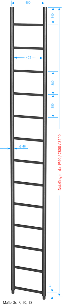 Ortsfeste Leiter aus Stahl LW 400 mm mit Rohrprofil-Sprossen Ortsfeste Leiter aus Stahl LW 400 mm mit Rohrprofil-Sprossen