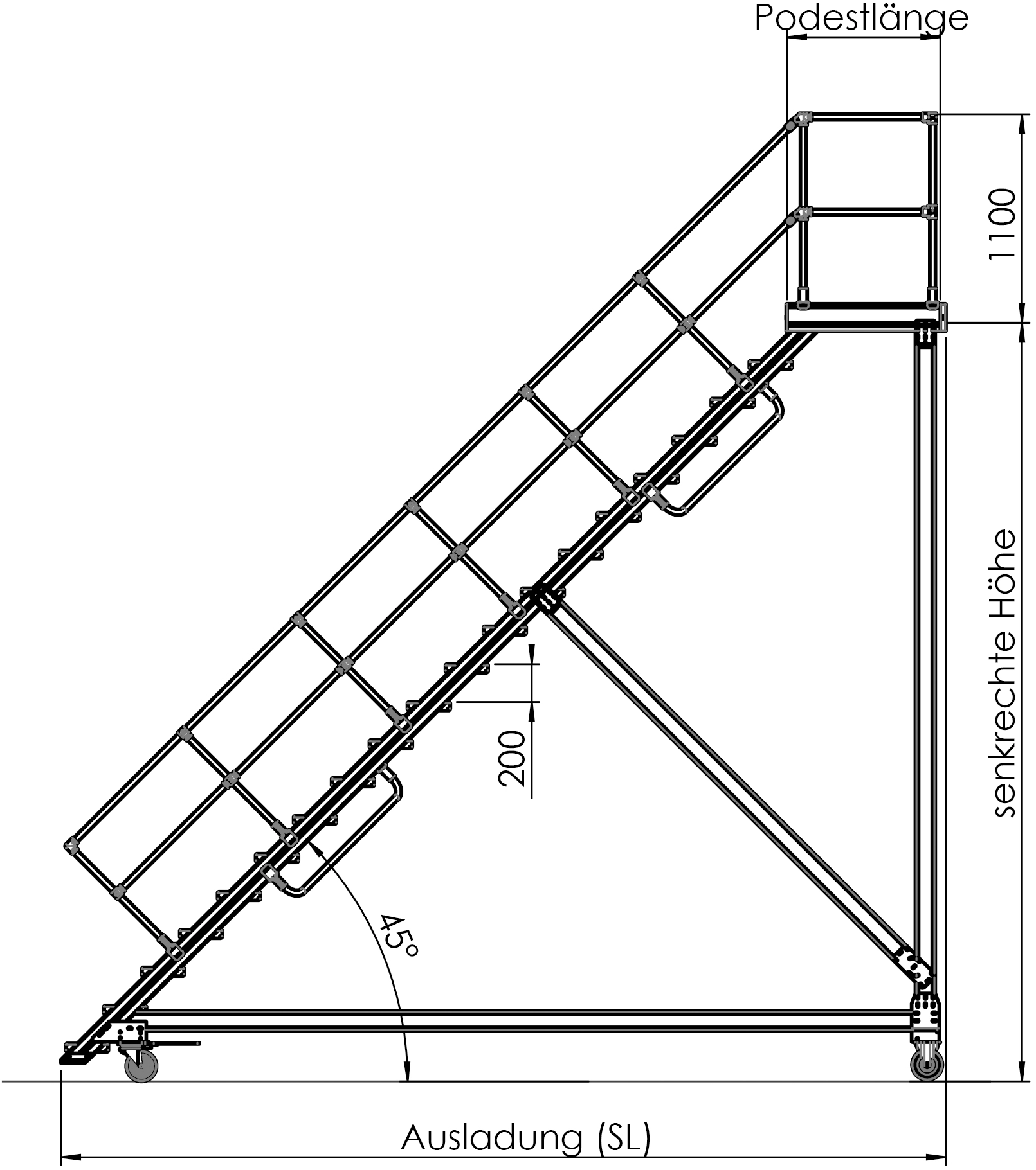 Podesttreppen rollbar, LW 800 mm, mit überstehender Traverse, Podesttreppen rollbar, LW 800 mm, mit überstehender Traverse,
