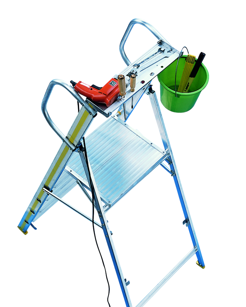 Plattformleitern aus Alu, Hubrollen am Stützteil Plattformleitern aus Alu, Hubrollen am Stützteil