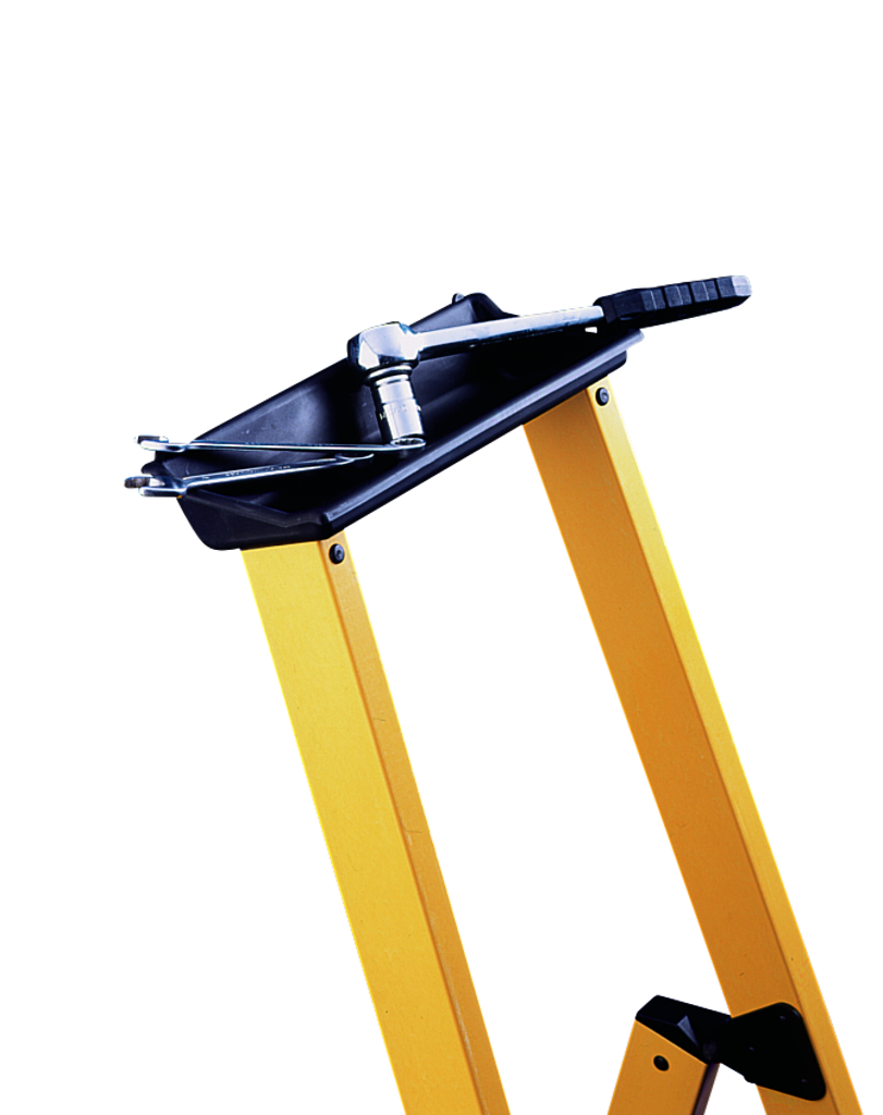 Stufenstehleitern aus Fiberglas, mit Sicherheitsbrücke, Ablageschale Stufenstehleitern aus Fiberglas, mit Sicherheitsbrücke, Ablageschale