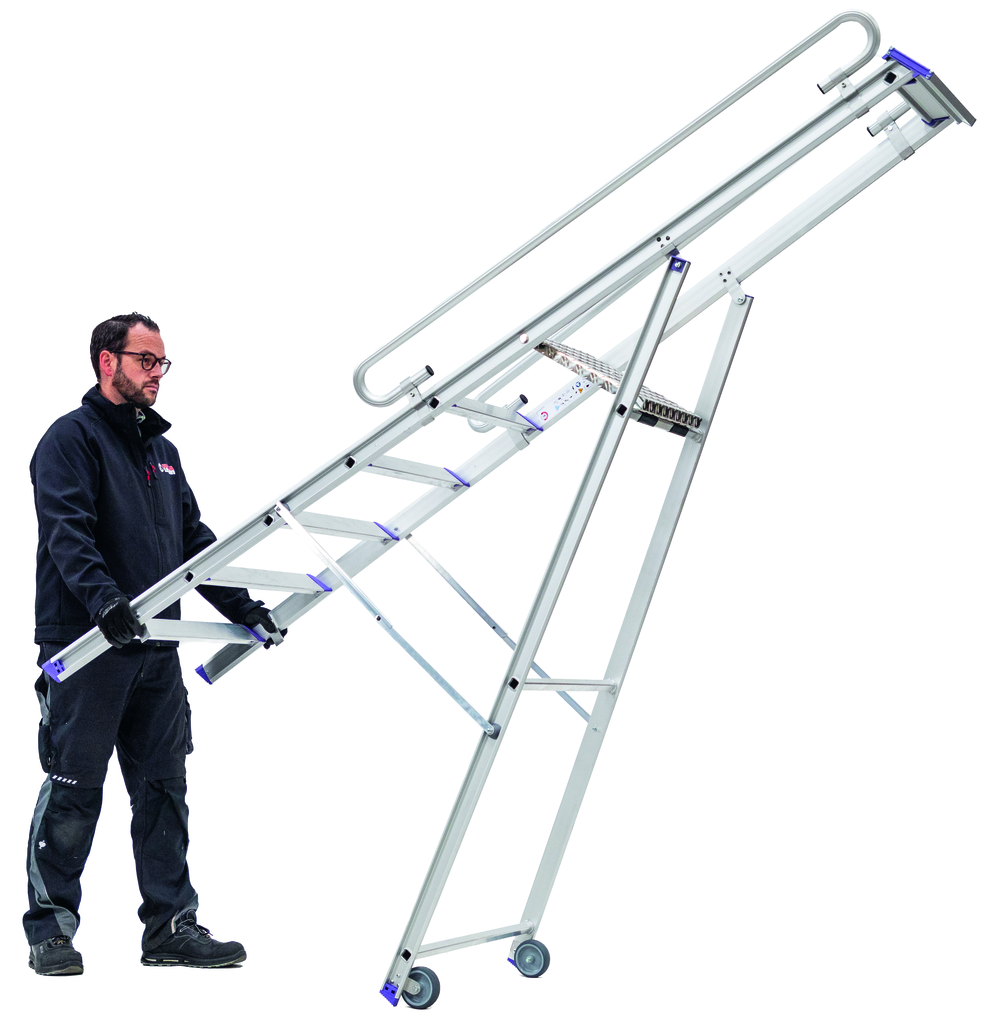 Leichte Plattformleiter, mit Handläufen und Hubrollen Leichte Plattformleiter, mit Handläufen und Hubrollen