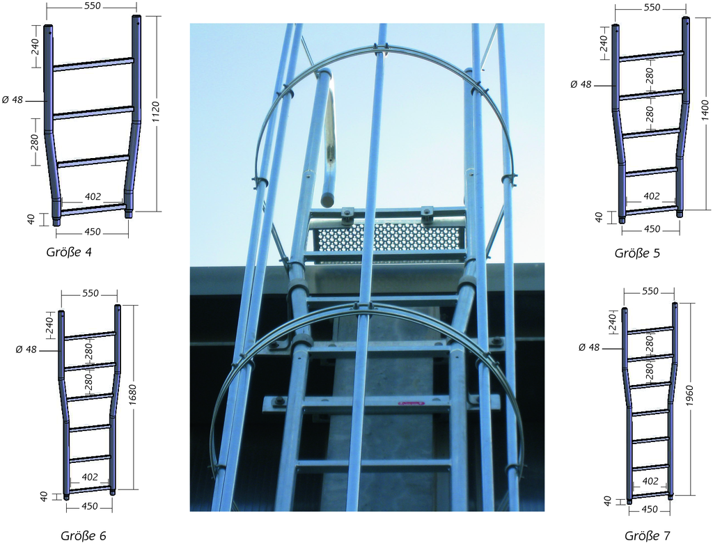 Übergangsstück aus Aluminium  LW 400 mm mit Rohrprofil-Sprossen