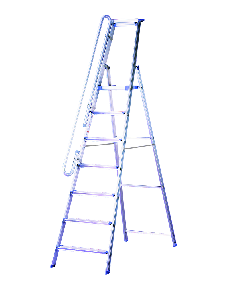 Stufenstehleitern aus Alu, eloxierte Holme mit Sicherheitsbrücke Stufenstehleitern aus Alu, eloxierte Holme mit Sicherheitsbrücke