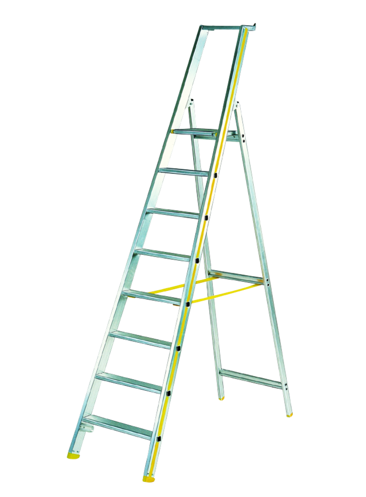 Stufenstehleitern aus Alu, mit Sicherheitsbrücke und Ablageschale Stufenstehleitern aus Alu, mit Sicherheitsbrücke und Ablageschale