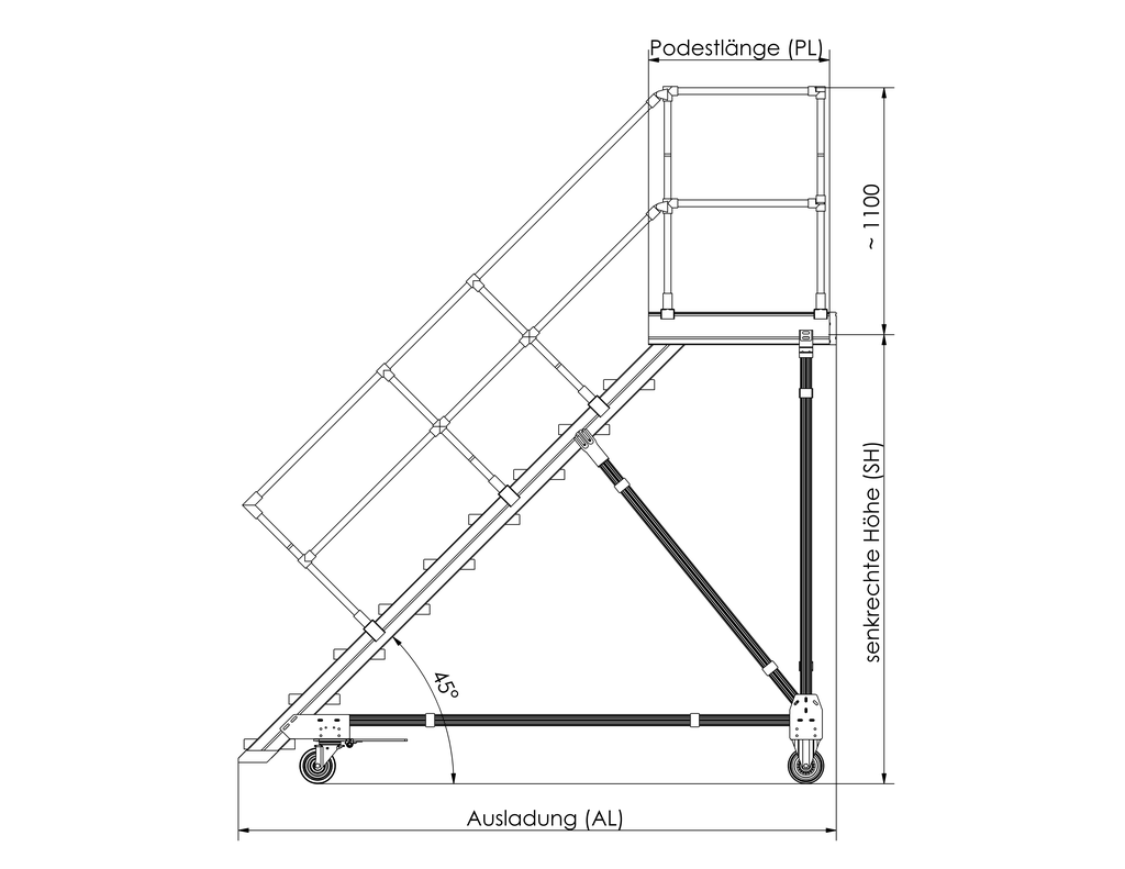 Podesttreppen rollbar, LW 1000 mm