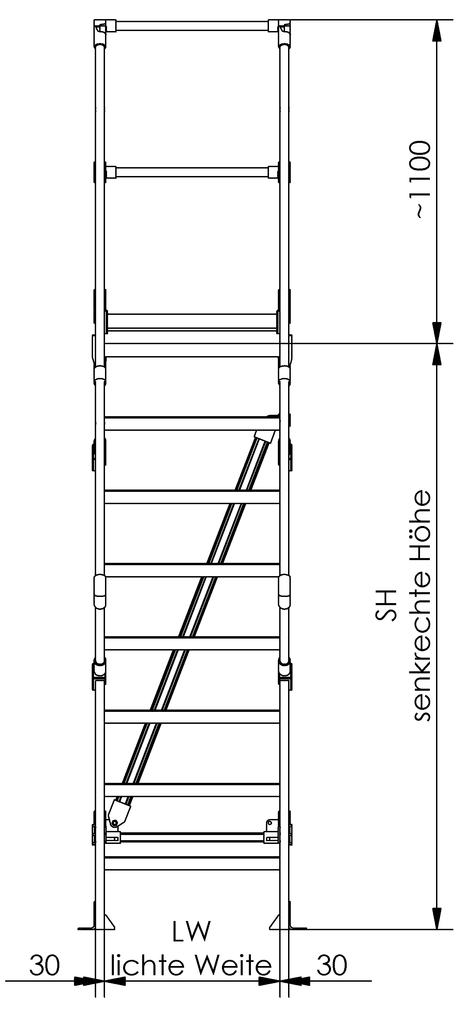 Podesttreppen mit Stützteil, LW 800 mm, Neigung 45° Podesttreppen mit Stützteil, LW 800 mm, Neigung 45°